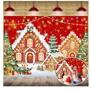 Christmas Gingerbread House Backdrop 7x5FT Red Merry Christmas Candyland